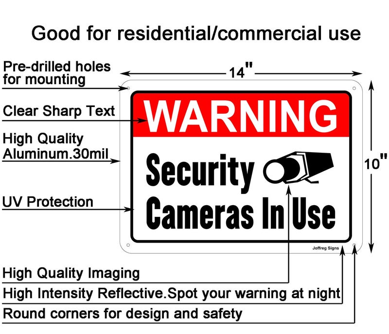 Joffreg Warning Security Cameras in Use Sign,14 x 10 Inches,Reflective Aluminum,UV Printed,Weather Resistant,Waterproof,Durable Ink,Easy to Mount,Outdoor or Indoor Use,2 Pack - Image 2